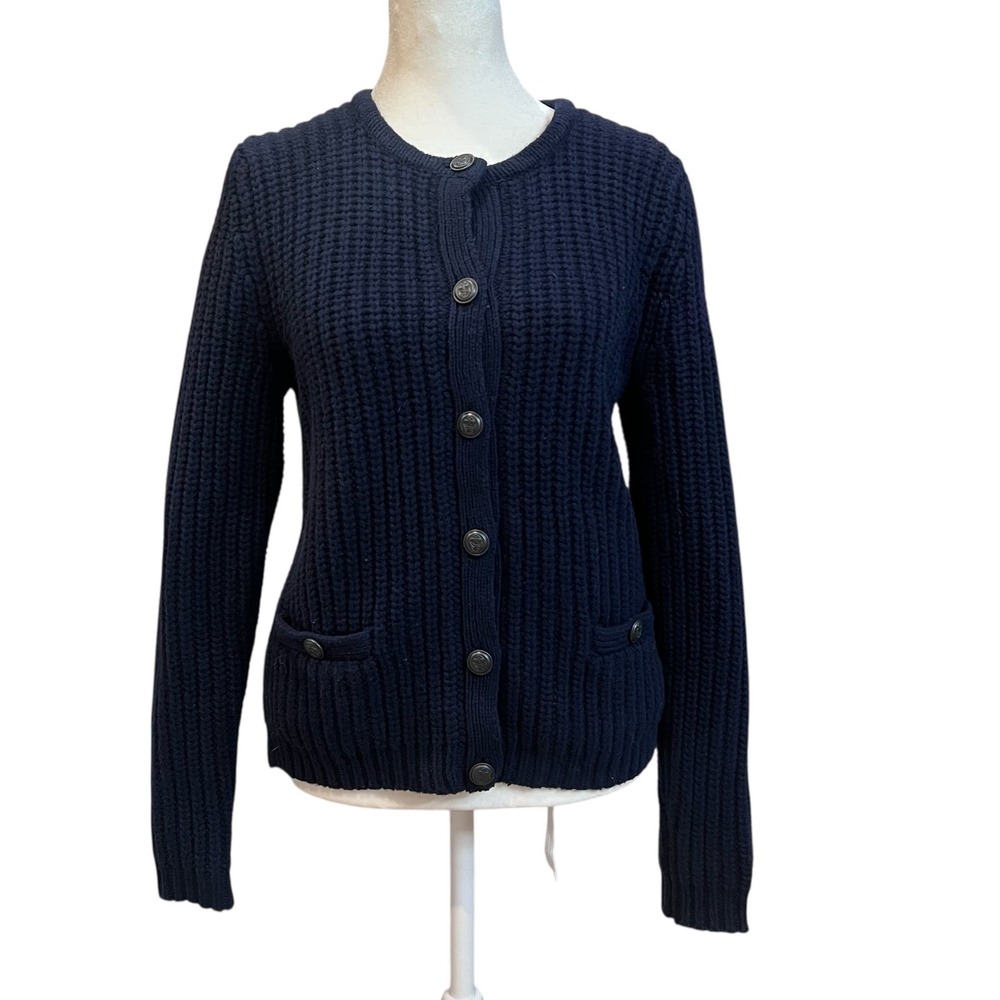 Lands Endโ Navy Chunky Knit Lambswool Sweater Cardigan Fisherman Size S